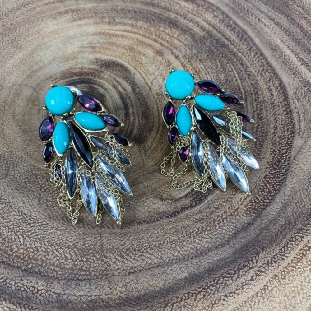Turquoise Purple Stone Earrings Gold Chain Glam